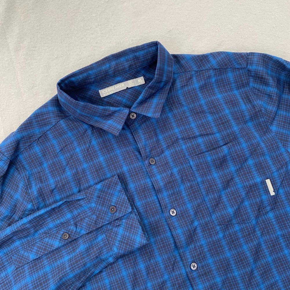Icebreaker Shirt Mens XL blue Plaid Merino Wool Lightweight Button Up